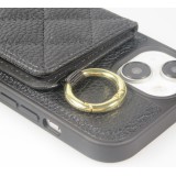 iPhone 15 Case Hülle - Gepolstertes Leder mit Spiegel und Kartenfach große abnehmbare Riemen - Schwarz
