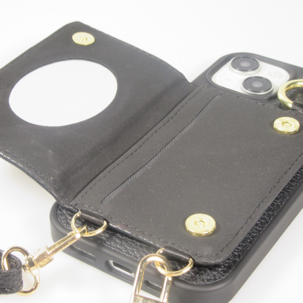 iPhone 15 Case Hülle - Gepolstertes Leder mit Spiegel und Kartenfach große abnehmbare Riemen - Schwarz