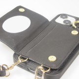 iPhone 15 Case Hülle - Gepolstertes Leder mit Spiegel und Kartenfach große abnehmbare Riemen - Schwarz