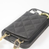 iPhone 15 Case Hülle - Gepolstertes Leder mit Spiegel und Kartenfach große abnehmbare Riemen - Schwarz