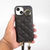 iPhone 15 Case Hülle - Gepolstertes Leder mit Spiegel und Kartenfach große abnehmbare Riemen - Schwarz