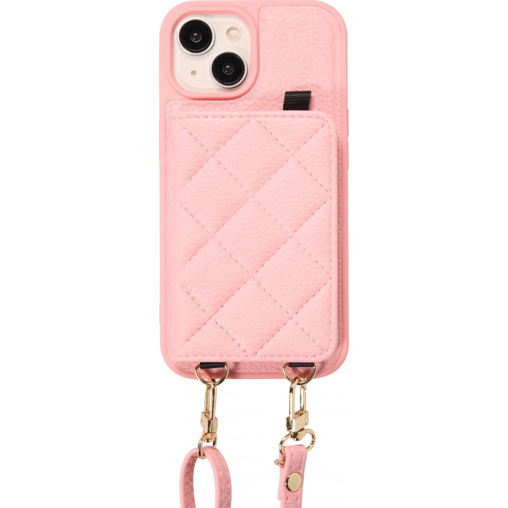 iPhone 15 Case Hülle - Gepolstertes Leder mit Spiegel und Kartenfach große abnehmbare Riemen - Rosa