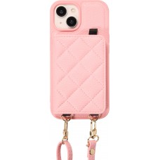iPhone 15 Case Hülle - Gepolstertes Leder mit Spiegel und Kartenfach große abnehmbare Riemen - Rosa