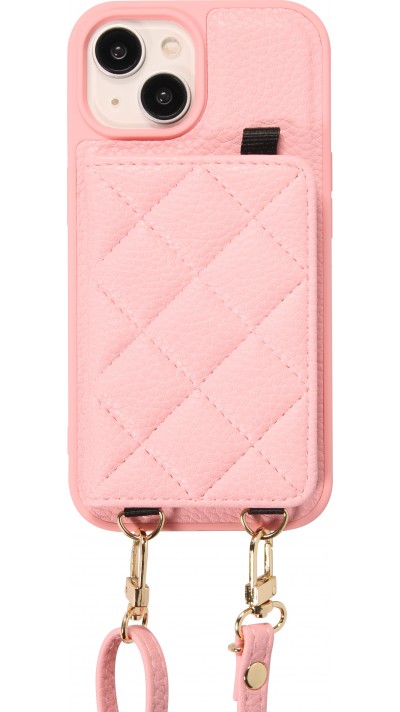iPhone 15 Case Hülle - Gepolstertes Leder mit Spiegel und Kartenfach große abnehmbare Riemen - Rosa