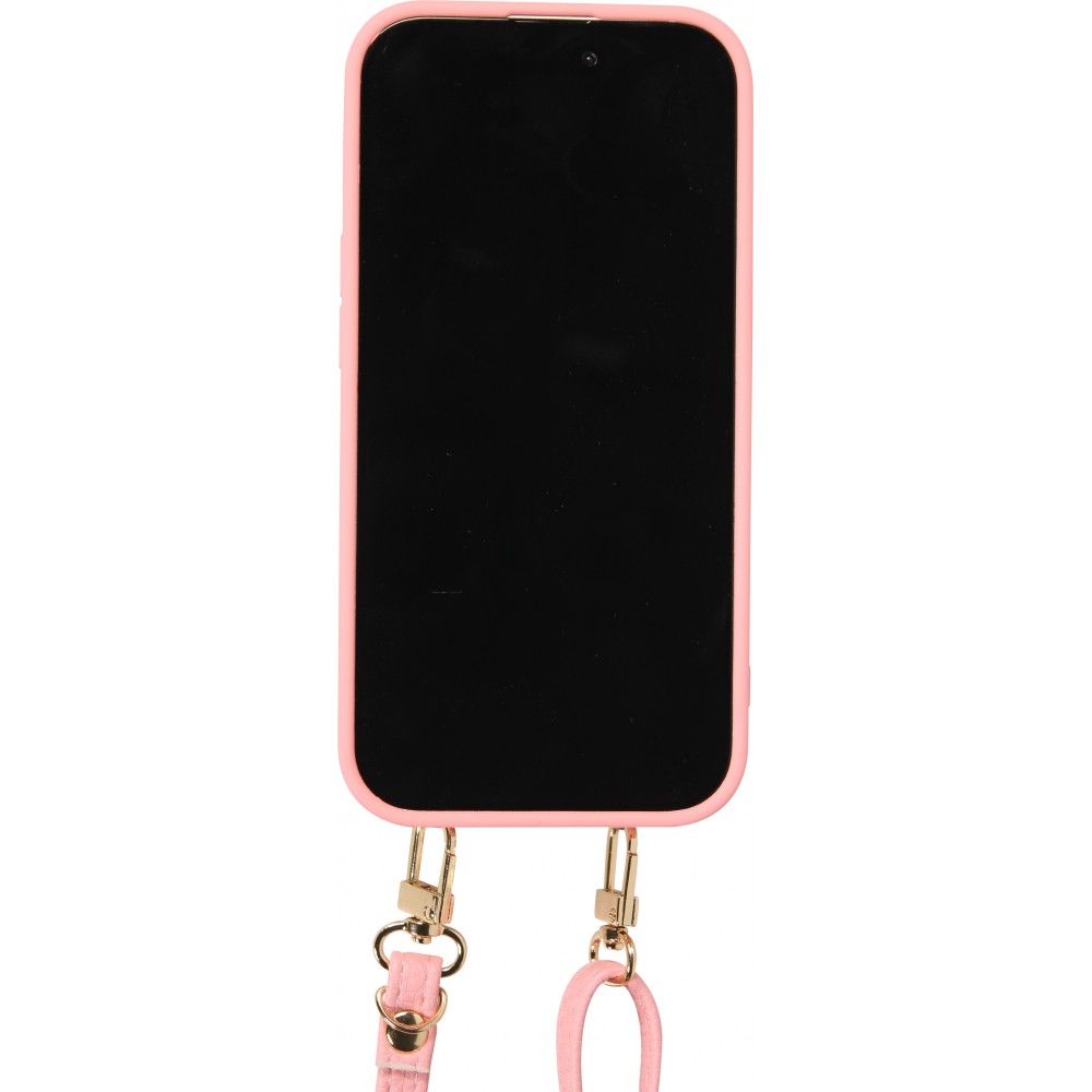 iPhone 15 Case Hülle - Gepolstertes Leder mit Spiegel und Kartenfach große abnehmbare Riemen - Rosa