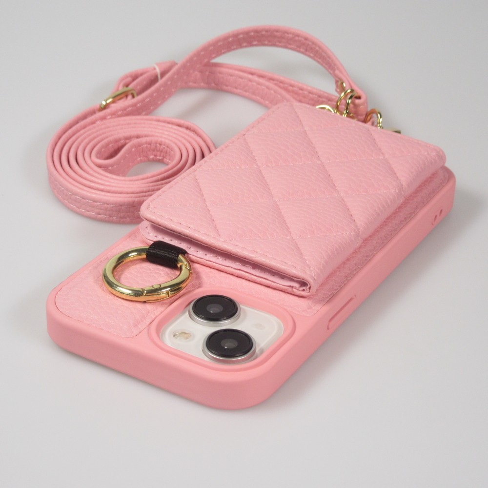 iPhone 15 Case Hülle - Gepolstertes Leder mit Spiegel und Kartenfach große abnehmbare Riemen - Rosa