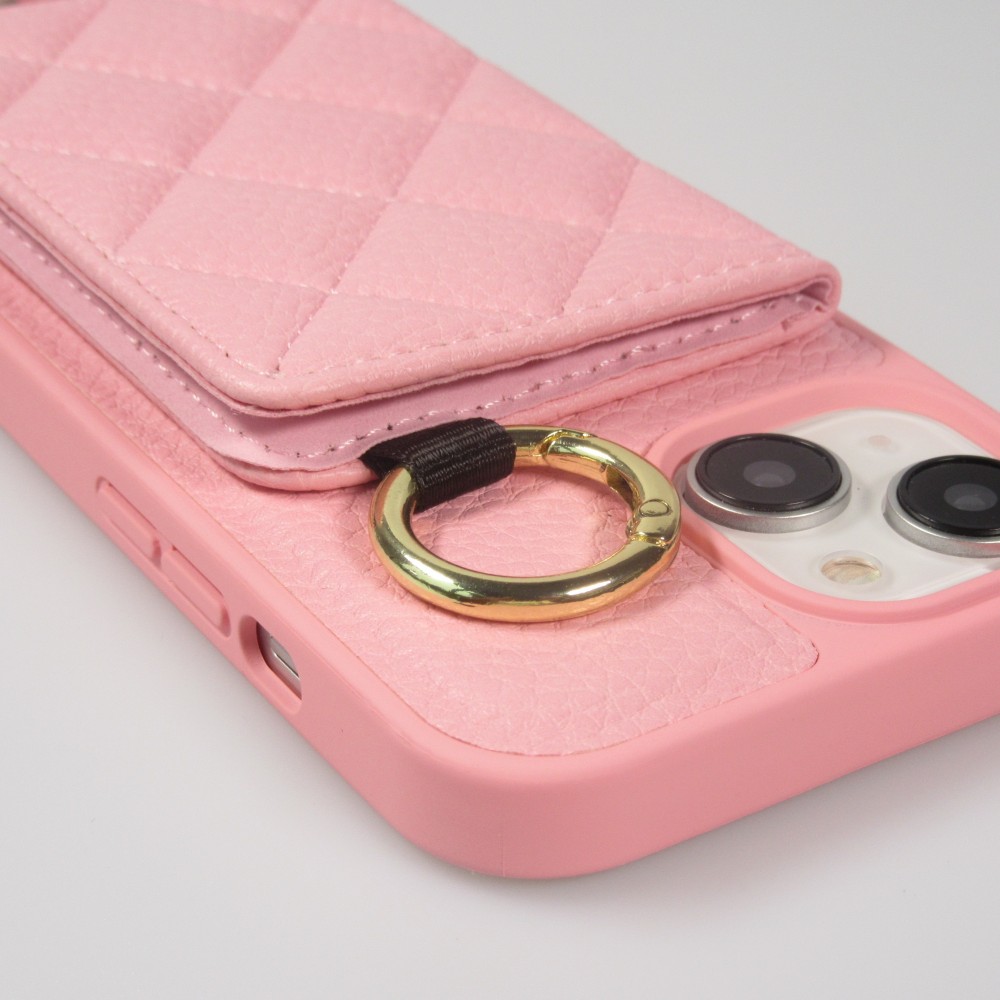 iPhone 15 Case Hülle - Gepolstertes Leder mit Spiegel und Kartenfach große abnehmbare Riemen - Rosa