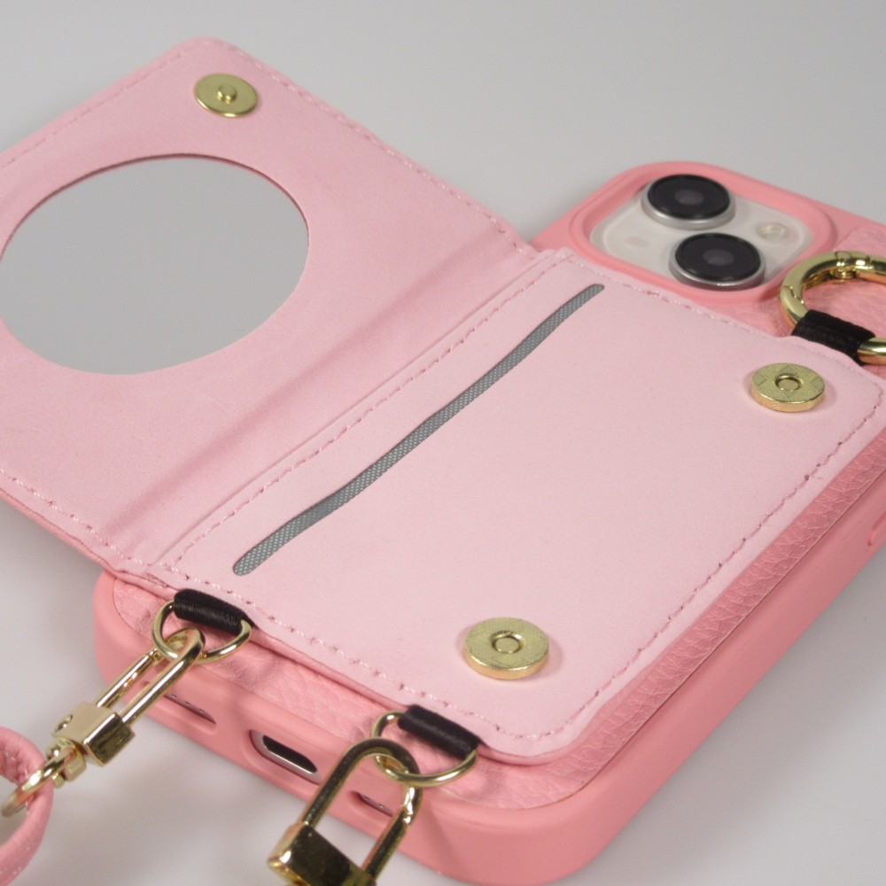 iPhone 15 Case Hülle - Gepolstertes Leder mit Spiegel und Kartenfach große abnehmbare Riemen - Rosa