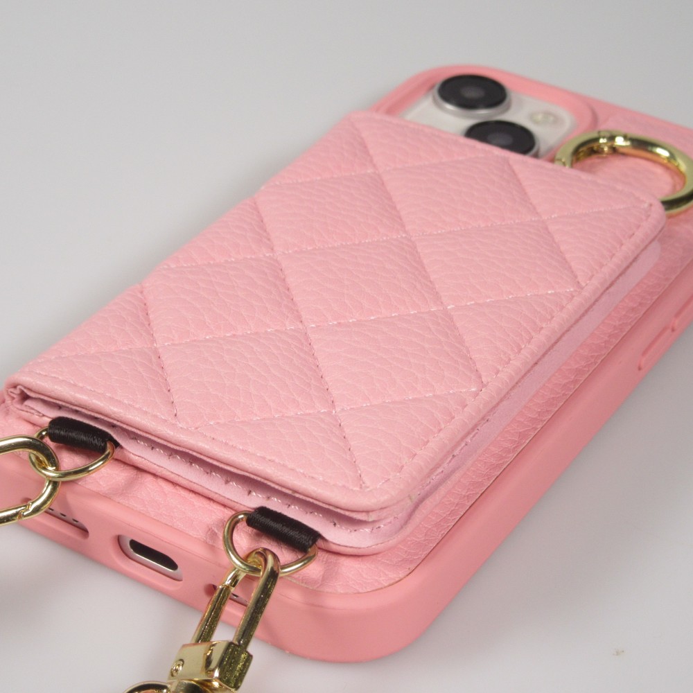 iPhone 15 Case Hülle - Gepolstertes Leder mit Spiegel und Kartenfach große abnehmbare Riemen - Rosa