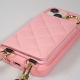 iPhone 15 Case Hülle - Gepolstertes Leder mit Spiegel und Kartenfach große abnehmbare Riemen - Rosa