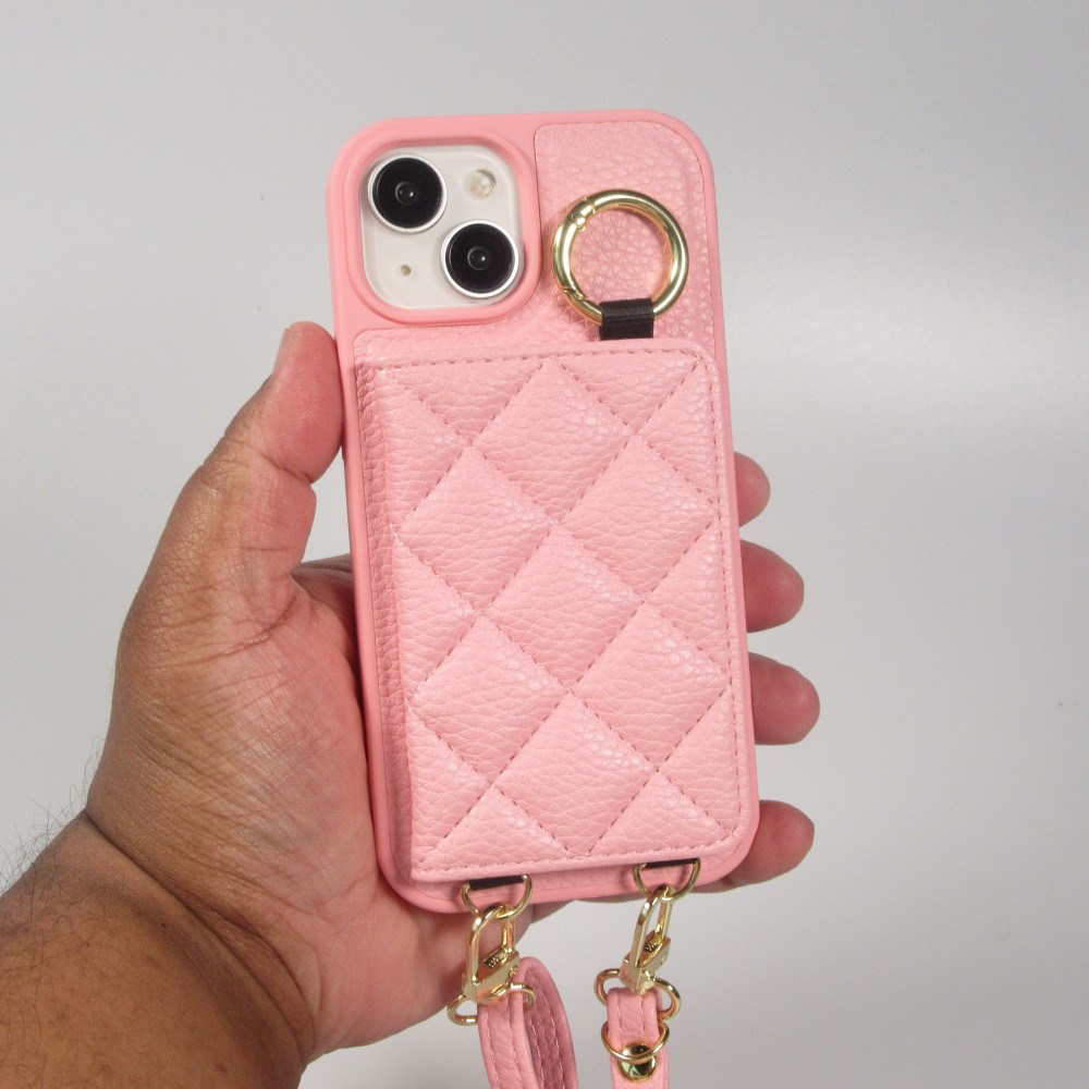 iPhone 15 Case Hülle - Gepolstertes Leder mit Spiegel und Kartenfach große abnehmbare Riemen - Rosa