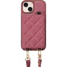 iPhone 15 Case Hülle - Gepolstertes Leder mit Spiegel und Kartenfach große abnehmbare Riemen - Dunkelviolett