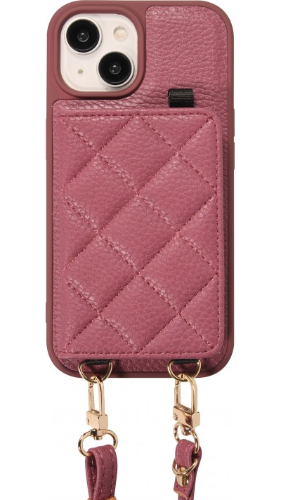 iPhone 15 Case Hülle - Gepolstertes Leder mit Spiegel und Kartenfach große abnehmbare Riemen - Dunkelviolett