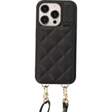 Coque iPhone 15 Pro - Cuir matelass&eacute; avec miroir et compartiment carte inclus grande lani&egrave;re amovible - Noir