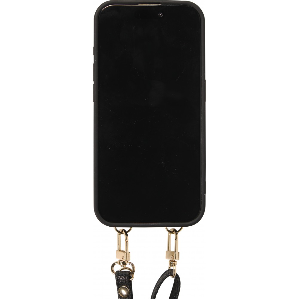 Coque iPhone 15 Pro - Cuir matelass&eacute; avec miroir et compartiment carte inclus grande lani&egrave;re amovible - Noir