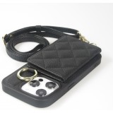 Coque iPhone 15 Pro - Cuir matelass&eacute; avec miroir et compartiment carte inclus grande lani&egrave;re amovible - Noir