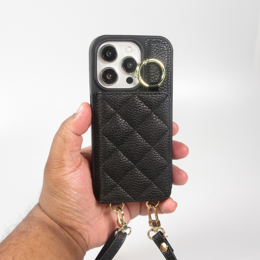 Coque iPhone 15 Pro - Cuir matelass&eacute; avec miroir et compartiment carte inclus grande lani&egrave;re amovible - Noir