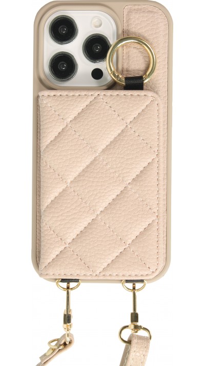 iPhone 15 Pro Max Case Hülle - Gepolstertes Leder mit Spiegel und Kartenfach große abnehmbare Riemen - Beige