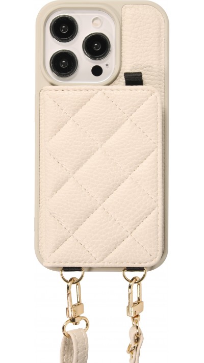 iPhone 15 Pro Max Case Hülle - Gepolstertes Leder mit Spiegel und Kartenfach große abnehmbare Riemen - Weiss