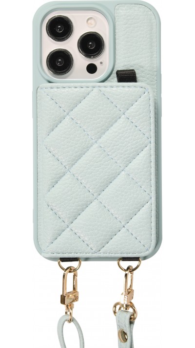 iPhone 15 Pro Max Case Hülle - Gepolstertes Leder mit Spiegel und Kartenfach große abnehmbare Riemen - Blau