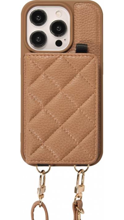 iPhone 15 Pro Max Case Hülle - Gepolstertes Leder mit Spiegel und Kartenfach große abnehmbare Riemen - Braun