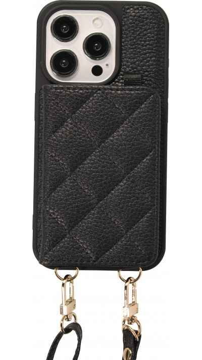 iPhone 15 Pro Max Case Hülle - Gepolstertes Leder mit Spiegel und Kartenfach große abnehmbare Riemen - Schwarz