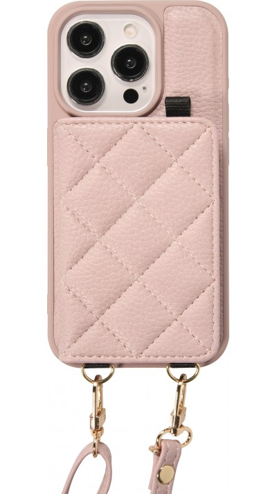 iPhone 15 Pro Max Case Hülle - Gepolstertes Leder mit Spiegel und Kartenfach große abnehmbare Riemen - Hellviolett