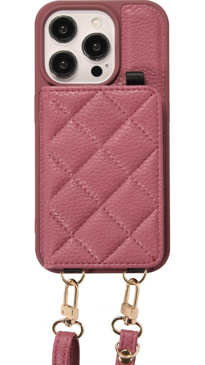 iPhone 15 Pro Max Case Hülle - Gepolstertes Leder mit Spiegel und Kartenfach große abnehmbare Riemen - Dunkelviolett