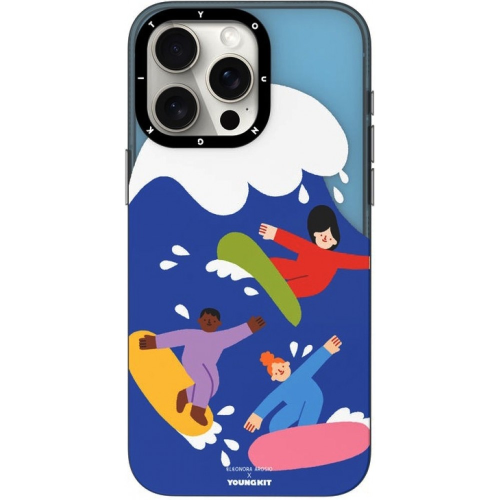 iPhone 15 Pro Case Hülle - Farbenfrohe und lustige Surfer am Strand Youngkit Design Eleonora Arosio - Multicolor