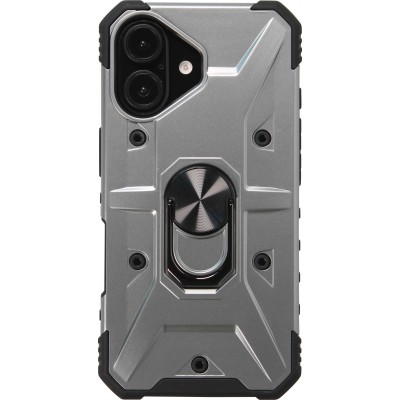 iPhone 16 Case H&uuml;lle - Armor mit Silikon-Eckschutz und St&uuml;tzring - Silber