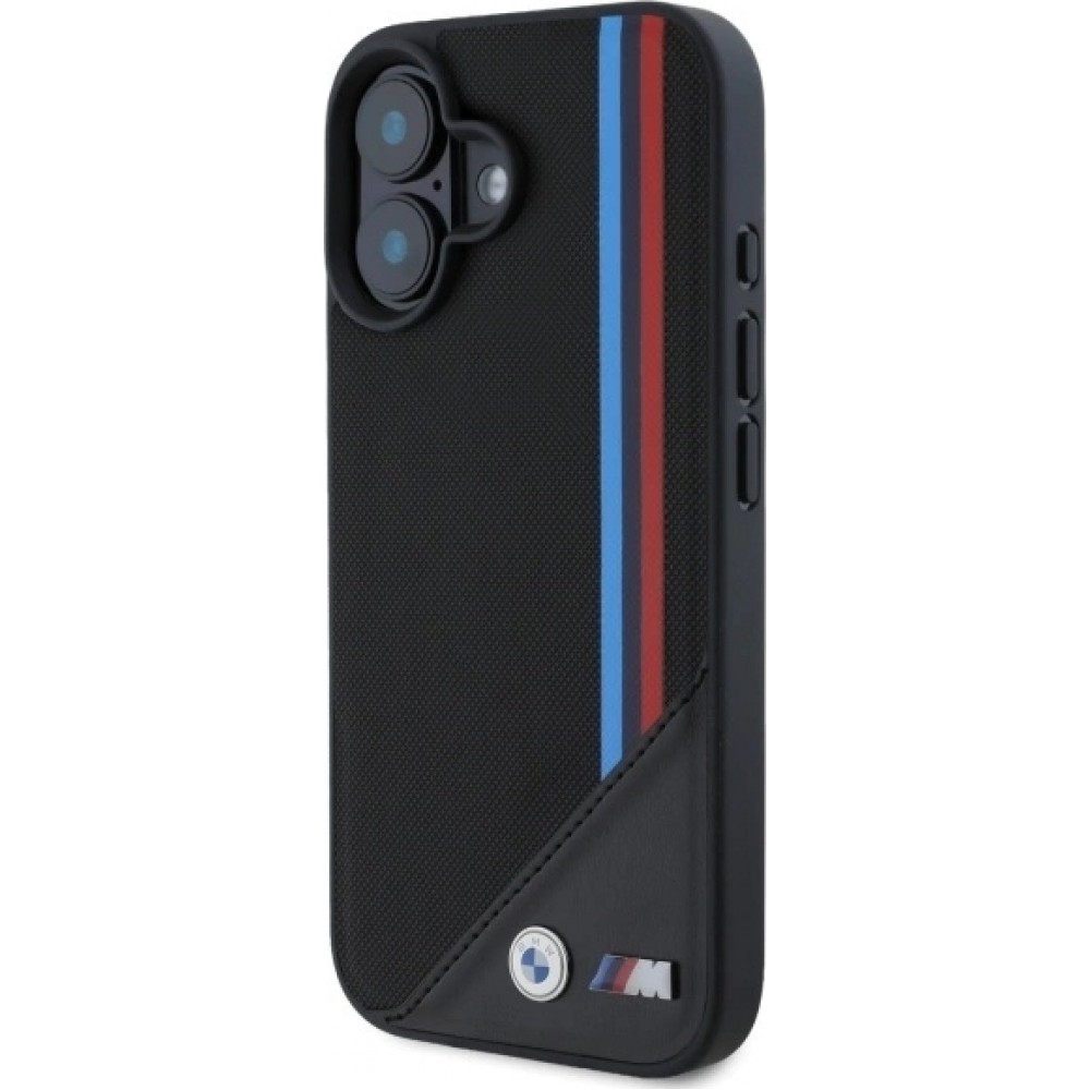 Coque iPhone 16 - BMW M Tricolore Stripes cuir MagSafe - Noir