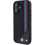 Coque iPhone 16 - BMW M Tricolore Stripes cuir MagSafe - Noir