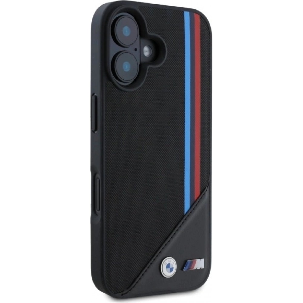 Coque iPhone 16 - BMW M Tricolore Stripes cuir MagSafe - Noir