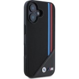 Coque iPhone 16 - BMW M Tricolore Stripes cuir MagSafe - Noir