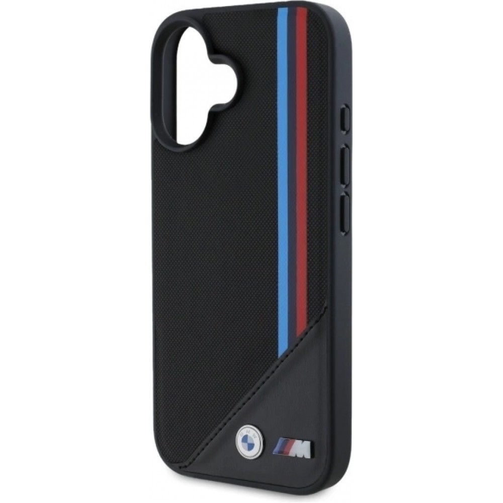Coque iPhone 16 - BMW M Tricolore Stripes cuir MagSafe - Noir