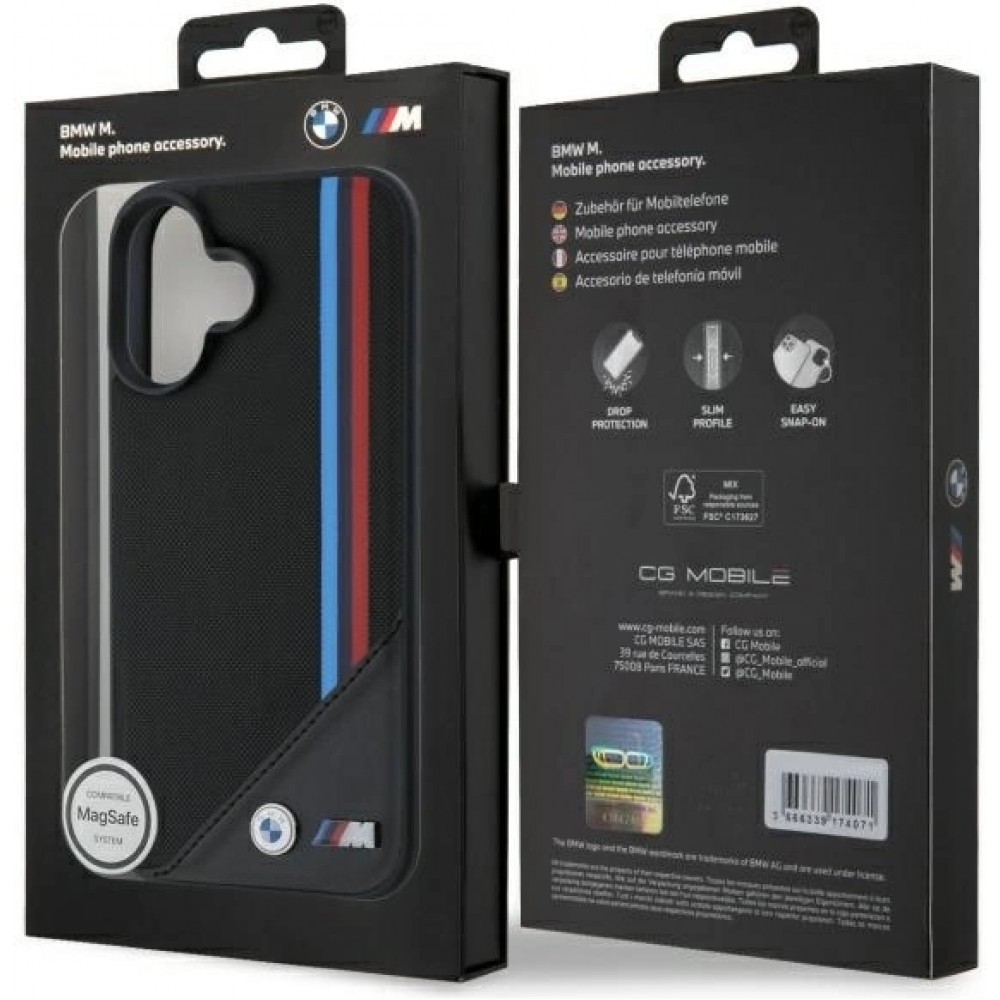 Coque iPhone 16 - BMW M Tricolore Stripes cuir MagSafe - Noir