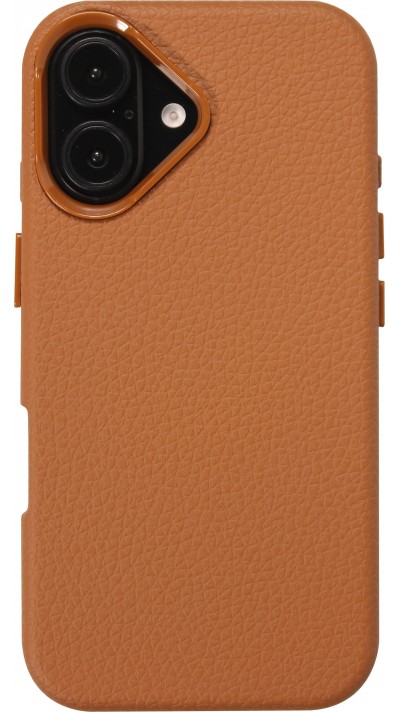iPhone 16 Case Hülle - Lederlook mit integrierten Knöpfen und dreieckigem Design um die Kamera - Braun