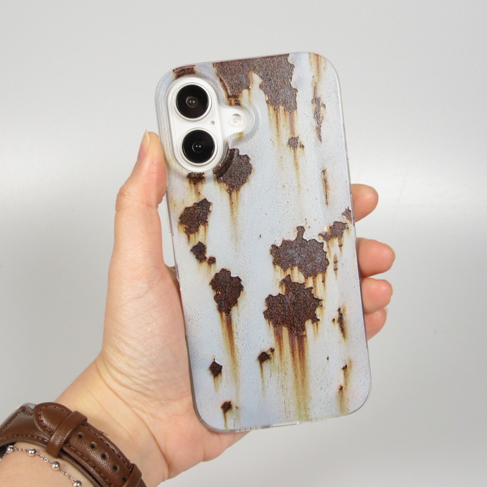 iPhone 16 Case Hülle - Industrieller Vintage Rost-Effekt aus hartem Silikon - Blau