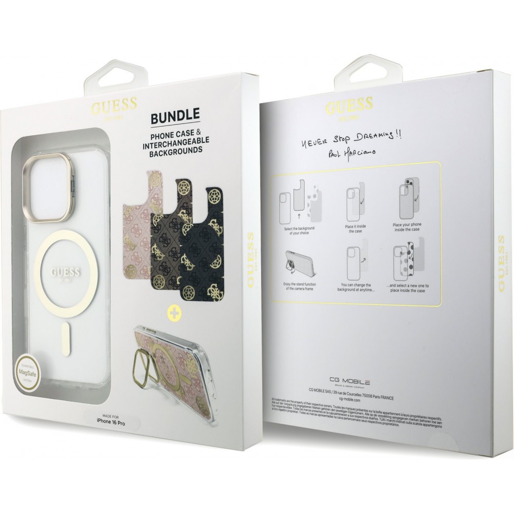 iPhone 16 Pro Case Hülle - MagSafe Magnetische Hülle mit Wechselplatten (Rosa / Braun / Schwarz) und Kameraständer - Transparent