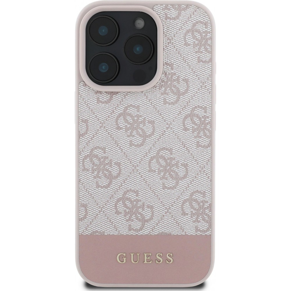 iPhone 16 Pro Case Hülle - Guess 4G Muster mit goldfarbenem 3D-Logo - Rosa