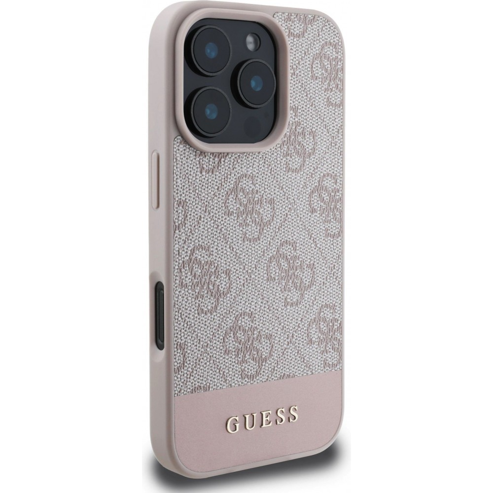 iPhone 16 Pro Case Hülle - Guess 4G Muster mit goldfarbenem 3D-Logo - Rosa