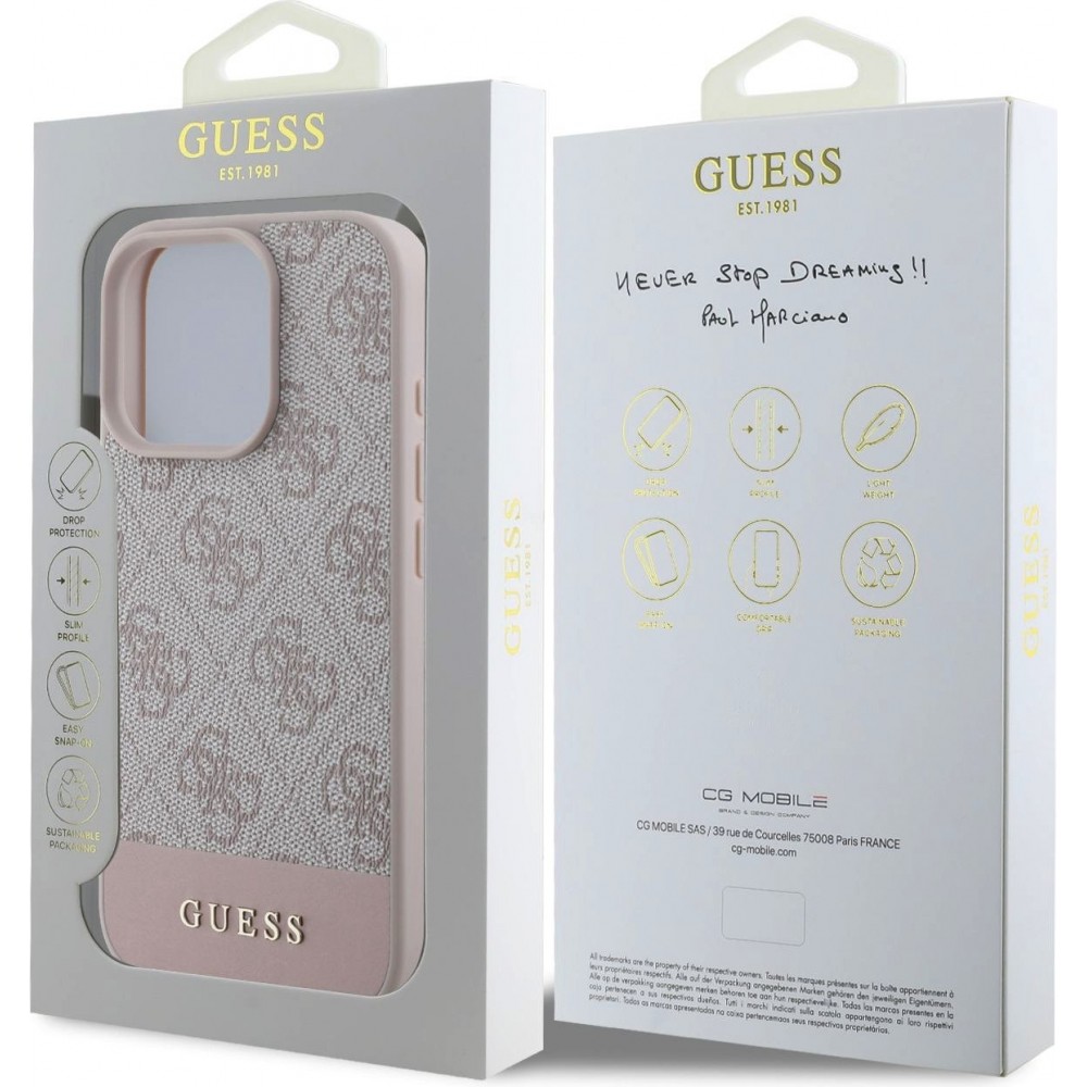 iPhone 16 Pro Case Hülle - Guess 4G Muster mit goldfarbenem 3D-Logo - Rosa