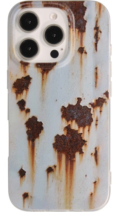 Coque iPhone 16 Pro Max - Effet rouille vintage en silicone rigide style industriel - Bleu Coque iPhone 16 Pro Max - Effet rouille vintage en silicone rigide style industriel - Bleu