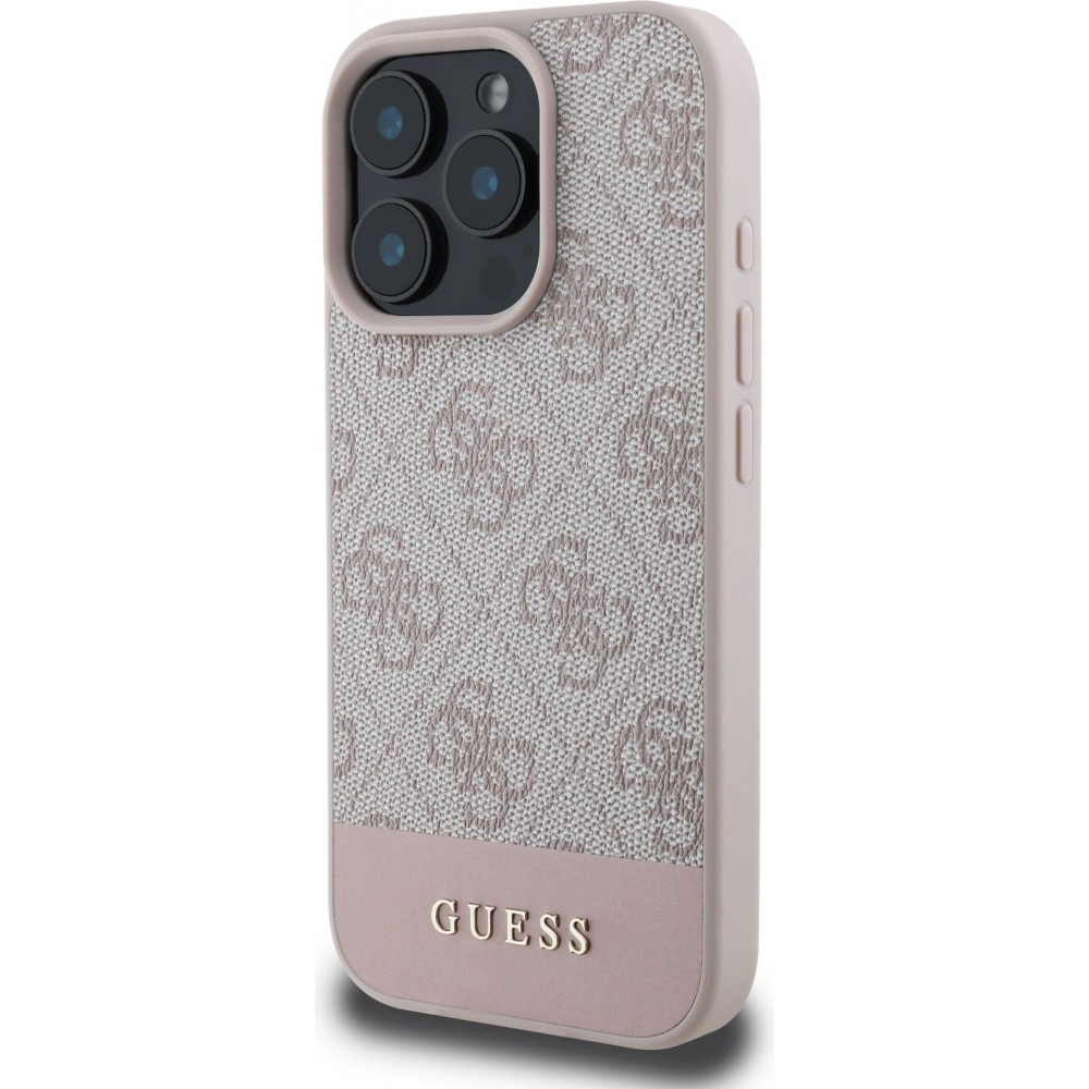 iPhone 16 Pro Max Case Hülle - Guess 4G Muster mit goldenem 3D-Logo - Rosa