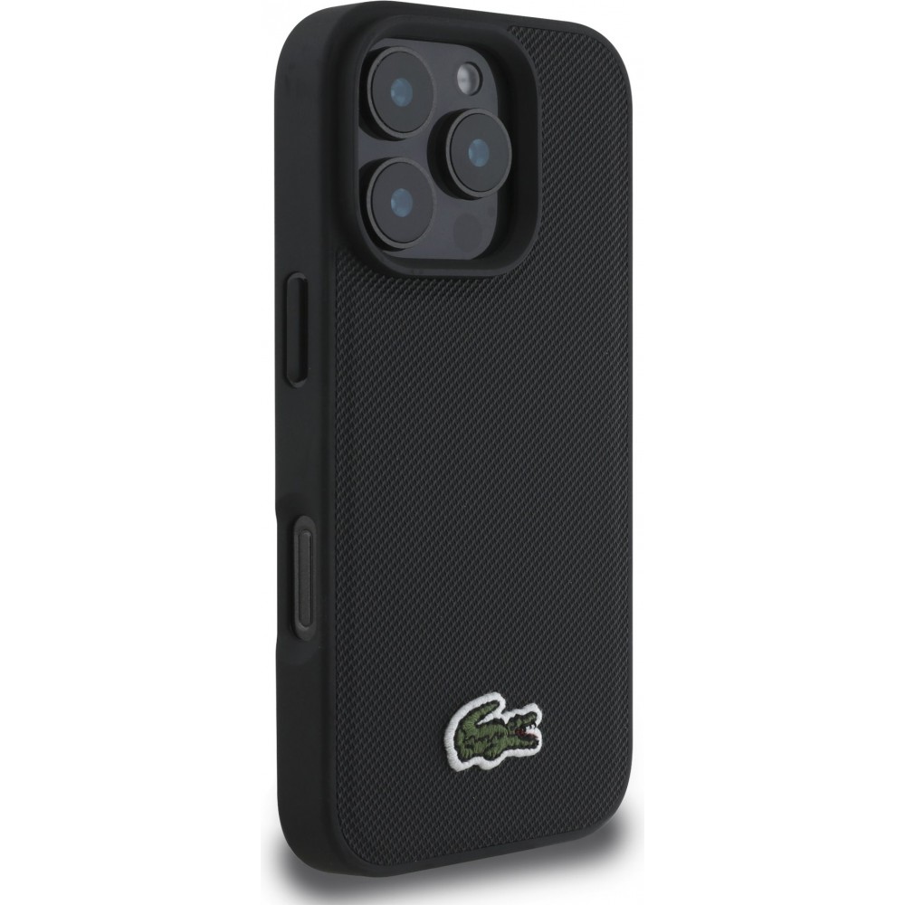 iPhone 16 Pro Max Case Hülle - Lacoste Iconique Petit Piqué Pack mit gewebtem Logo und USB-C zu USB-C Datenkabel - Schwarz