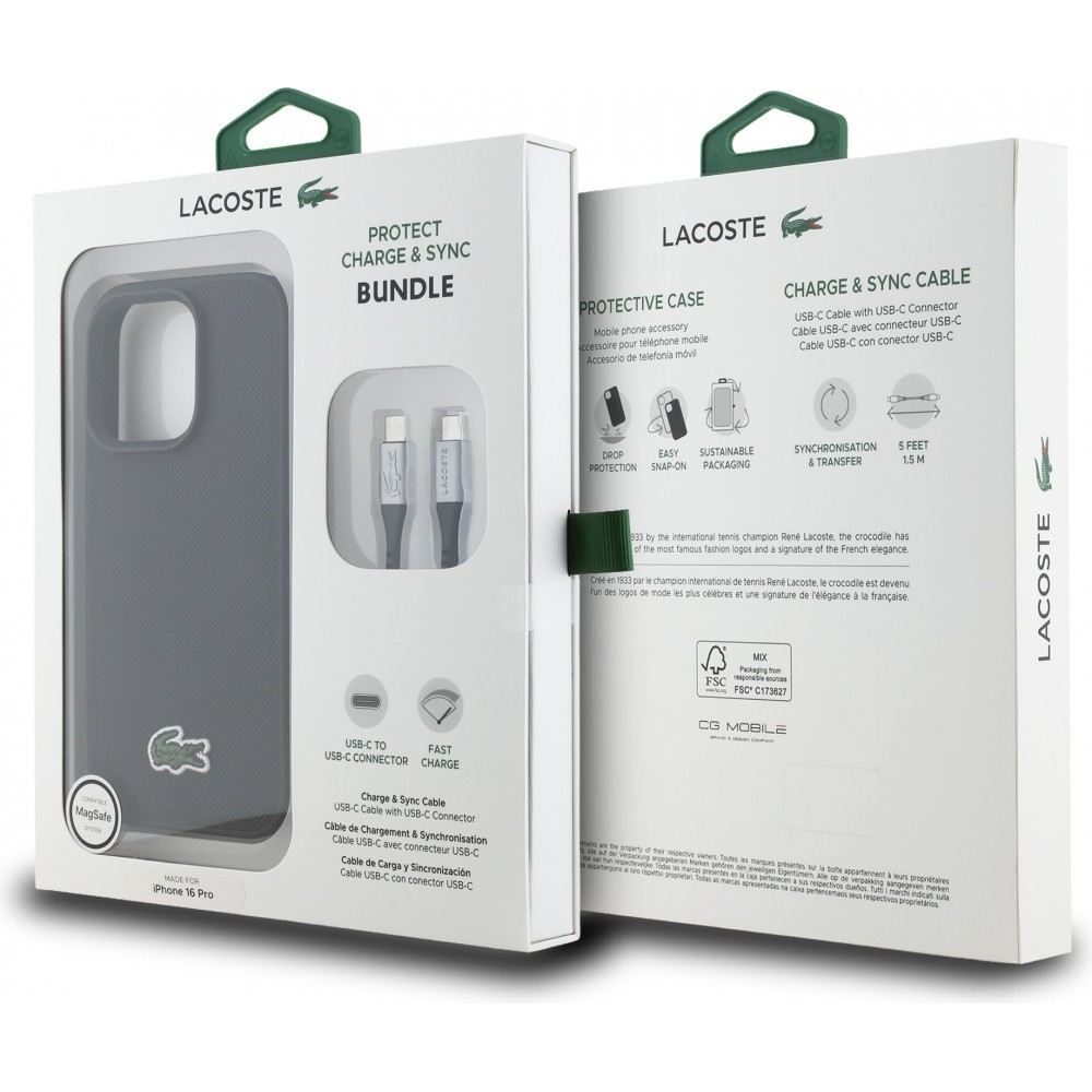 iPhone 16 Pro Max Case Hülle - Lacoste Iconique Petit Piqué Pack mit gewebtem Logo und USB-C zu USB-C Datenkabel - Schwarz