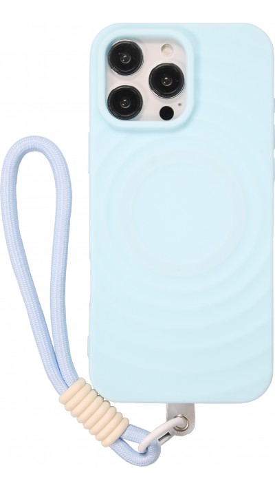 iPhone 16 Pro Max Case Hülle - Silikon Soft Touch MagSafe mit Wellen und Handschlauf - Blau