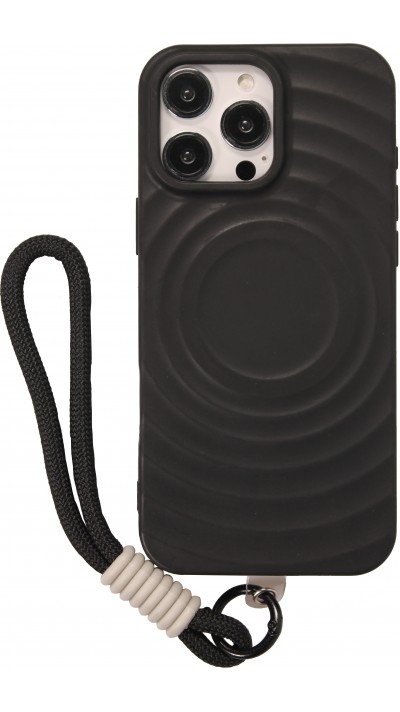iPhone 16 Pro Max Case Hülle - Silikon Soft Touch MagSafe mit Wellen und Handschlauf - Schwarz