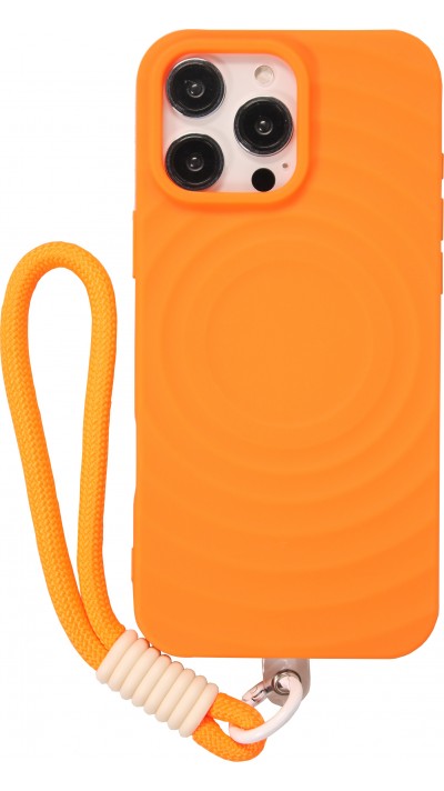 iPhone 16 Pro Max Case Hülle - Silikon Soft Touch MagSafe mit Wellen und Handschlauf - Orange