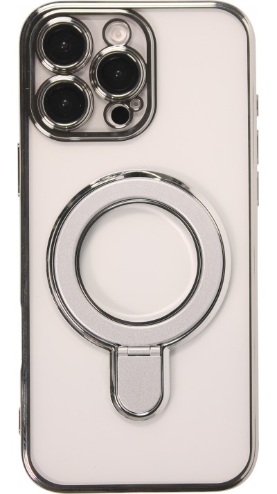 iPhone 16 Pro Max Case Hülle - Transparente Silikon mit silbernem Drehring - Transparent